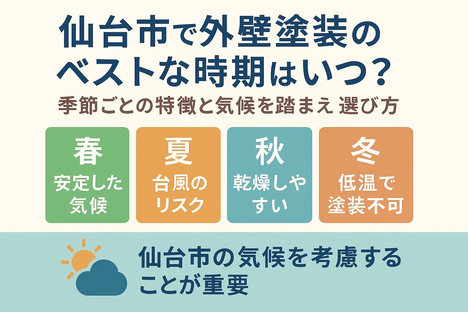 仙台市で外壁塗装のベストな時期を解説するブログ記事のアイキャッチ画像｜春・夏・秋・冬の特徴と仙台の気候を紹介