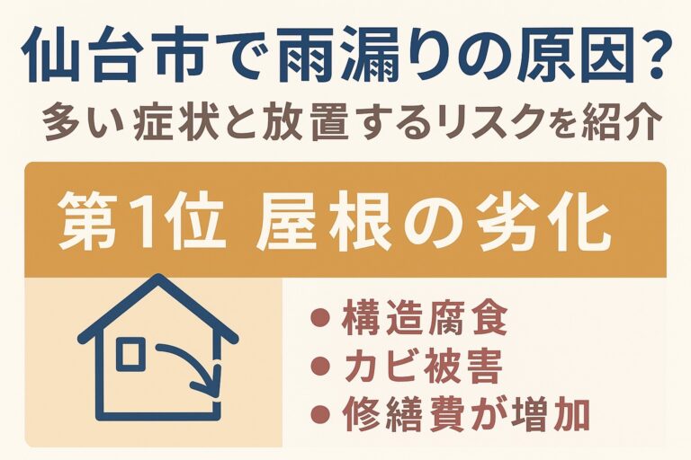 仙台市で雨漏りの原因ランキングを解説する記事用アイキャッチ画像｜多い症状と放置リスクを紹介