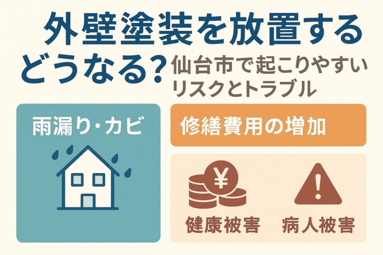 仙台市で外壁塗装を放置するとどうなるかを解説する記事用アイキャッチ画像｜起こりやすいリスクとトラブルを紹介