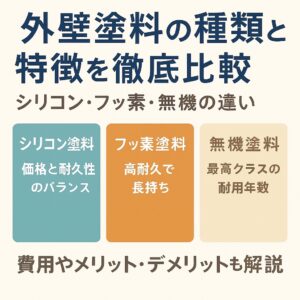 仙台市で外壁塗料の種類と特徴を徹底比較する記事用アイキャッチ画像｜シリコン・フッ素・無機の違いを解説