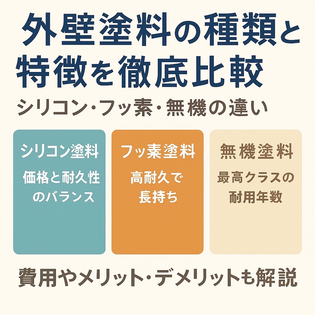 仙台市で外壁塗料の種類と特徴を徹底比較する記事用アイキャッチ画像｜シリコン・フッ素・無機の違いを解説