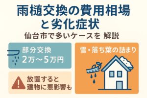 仙台市で雨樋交換の費用相場と劣化症状を解説する記事用アイキャッチ画像｜多いケースを紹介