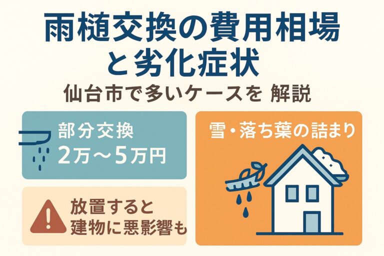 仙台市で雨樋交換の費用相場と劣化症状を解説する記事用アイキャッチ画像｜多いケースを紹介