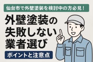 仙台市で外壁塗装を検討中の方へ、失敗しない業者選びのポイントを解説したブログ記事のアイキャッチ画像。住宅の外壁と職人の施工イメージにタイトル文字入り。
