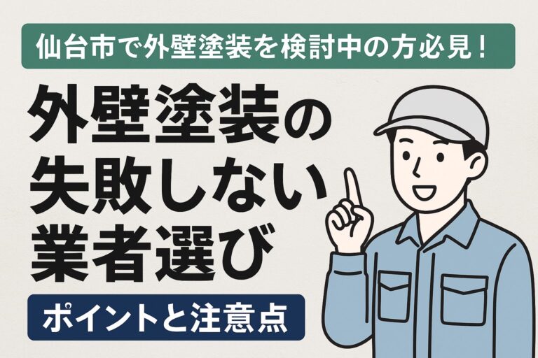 仙台市で外壁塗装を検討中の方へ、失敗しない業者選びのポイントを解説したブログ記事のアイキャッチ画像。住宅の外壁と職人の施工イメージにタイトル文字入り。