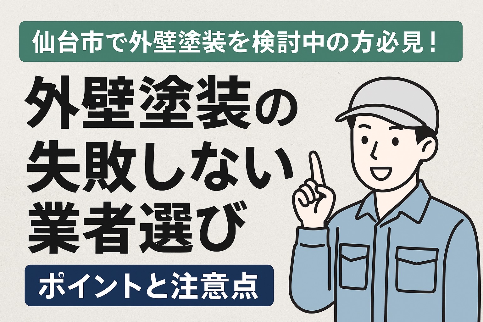 仙台市で外壁塗装を検討中の方へ、失敗しない業者選びのポイントを解説したブログ記事のアイキャッチ画像。住宅の外壁と職人の施工イメージにタイトル文字入り。