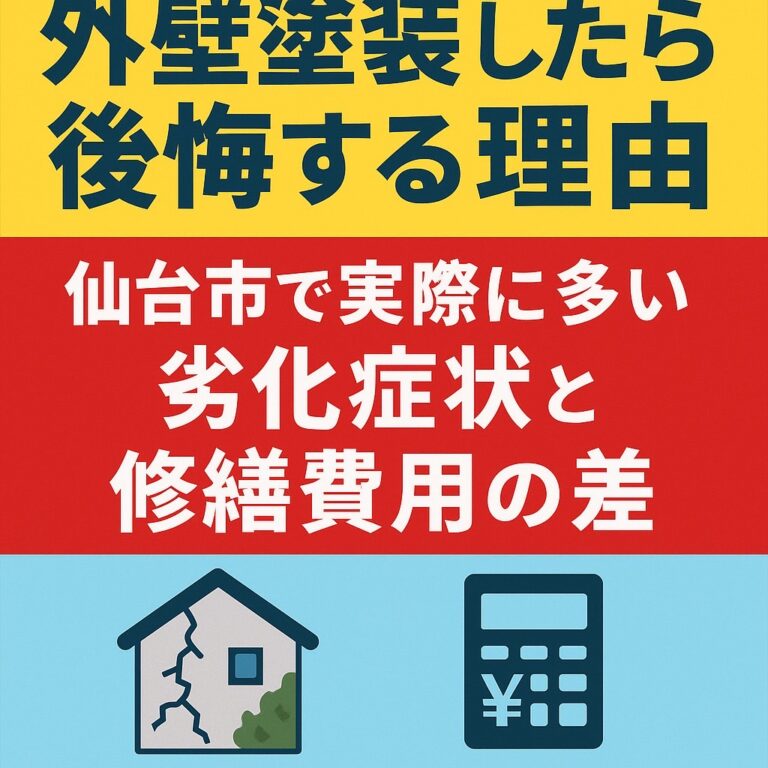 外壁塗装を放置すると後悔する理由を解説するアイキャッチ画像｜仙台市で多い劣化症状と修繕費用の差