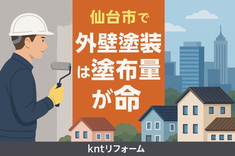 仙台市での外壁塗装における塗布量の重要性を伝えるアイキャッチ画像。職人がローラーで外壁を塗装し、「塗布量が命」という強調テキスト入り。