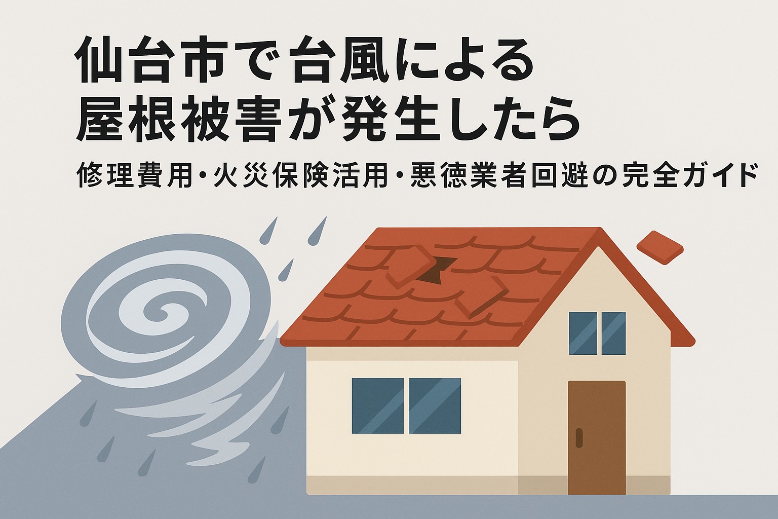仙台市で台風による屋根被害が発生した際の修理費用や火災保険の活用方法、悪徳業者を回避するための完全ガイドを解説するアイキャッチ画像