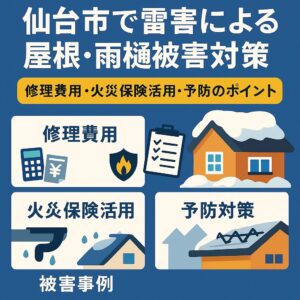 仙台市で雪害による屋根・雨樋被害対策を解説する記事のアイキャッチ画像｜修理費用・火災保険活用・予防のポイント