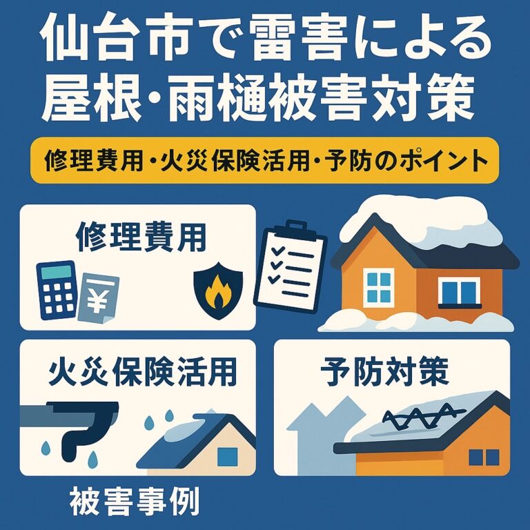 仙台市で雪害による屋根・雨樋被害対策を解説する記事のアイキャッチ画像｜修理費用・火災保険活用・予防のポイント
