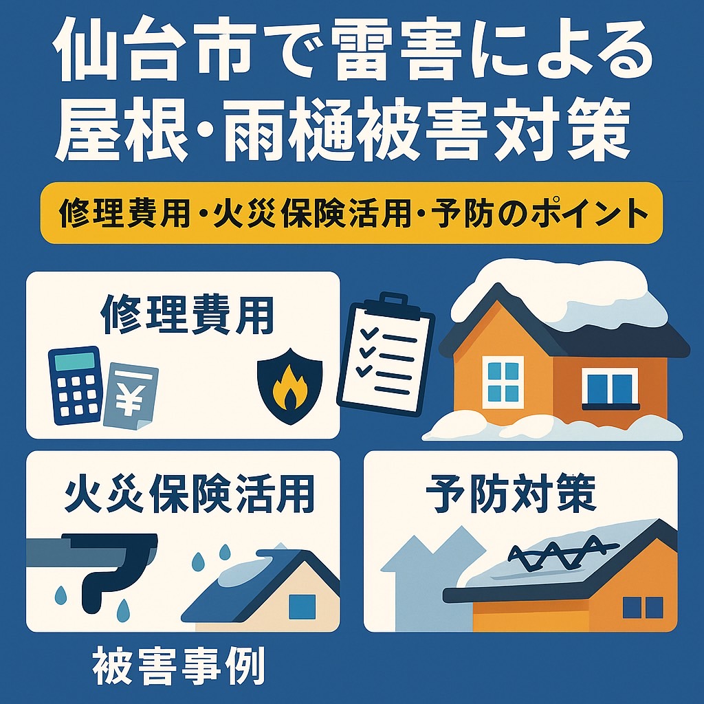 仙台市で雪害による屋根・雨樋被害対策を解説する記事のアイキャッチ画像｜修理費用・火災保険活用・予防のポイント