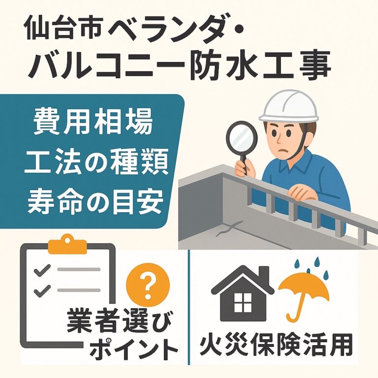 仙台市でベランダ・バルコニー防水工事の費用相場や工法の種類、寿命の目安を解説する記事用アイキャッチ画像