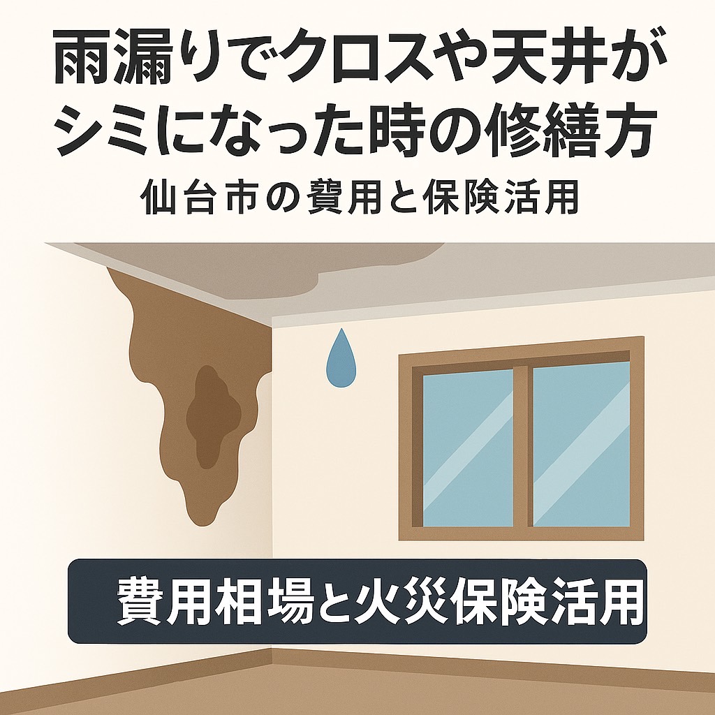 仙台市で雨漏りによるクロスや天井のシミ修繕方法を解説する記事のアイキャッチ画像。費用相場と火災保険活用のポイントを紹介