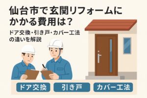仙台市で玄関リフォームにかかる費用と工法の違いを解説する記事のアイキャッチ画像。ドア交換・引き戸・カバー工法の選び方を示すデザイン。