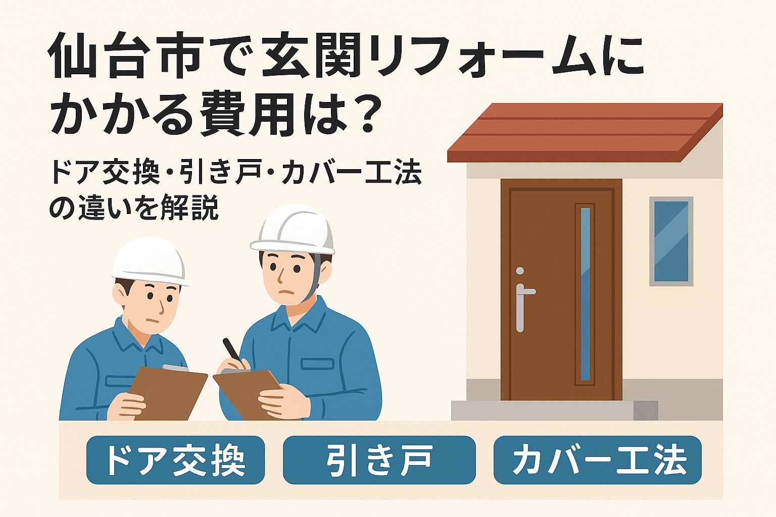 仙台市で玄関リフォームにかかる費用と工法の違いを解説する記事のアイキャッチ画像。ドア交換・引き戸・カバー工法の選び方を示すデザイン。