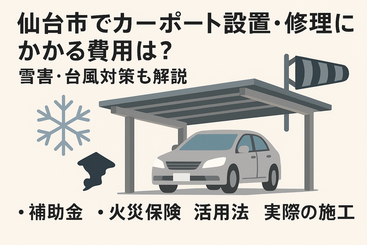 仙台市でカーポート設置・修理にかかる費用や雪害・台風対策を解説する記事のアイキャッチ画像