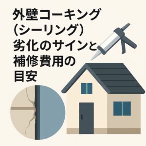 外壁コーキング（シーリング）の劣化サインと補修費用を解説する記事用アイキャッチ画像。外壁の目地がひび割れたイラストと補修を示すデザイン。
