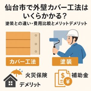 仙台市で外壁カバー工法はいくらかかるかを解説する記事用アイキャッチ。塗装との違いや費用比較、メリット・デメリット、火災保険や補助金をイラストで表現。