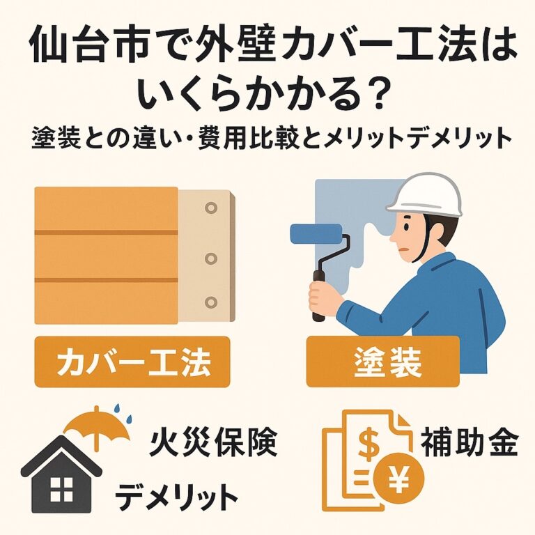 仙台市で外壁カバー工法はいくらかかるかを解説する記事用アイキャッチ。塗装との違いや費用比較、メリット・デメリット、火災保険や補助金をイラストで表現。
