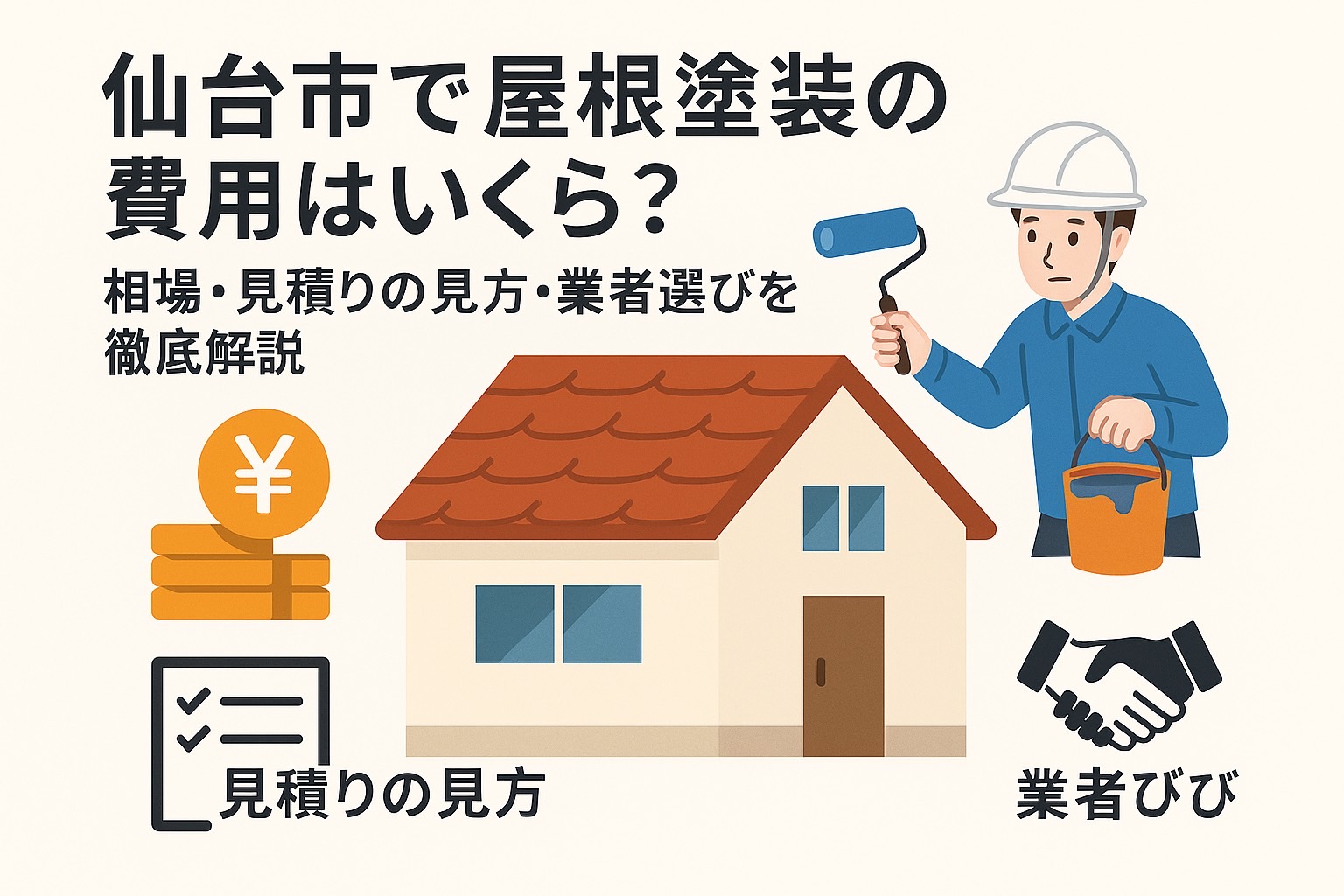仙台市で屋根塗装の費用を解説する記事のアイキャッチ画像。家の屋根を塗装する職人のイラストと「費用相場・見積りの見方・業者選び」のテキストが配置されたデザイン。