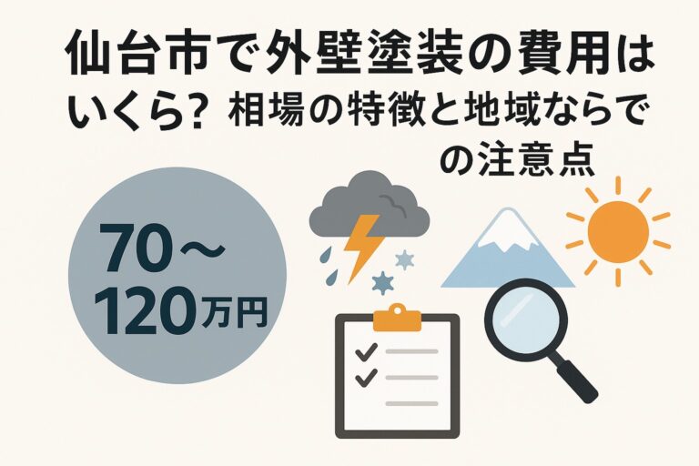 仙台市で外壁塗装の費用相場を解説するアイキャッチ画像。70〜120万円の費用目安と気候要因(台風・雪・紫外線)を示すイラスト入り。