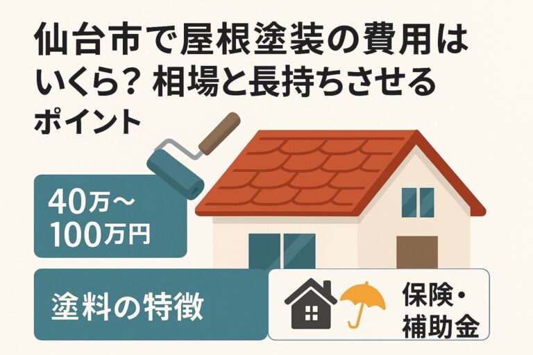 仙台市で屋根塗装の費用相場と長持ちさせるポイントを解説する記事のアイキャッチ画像。屋根と塗装ローラーのイラスト入り。