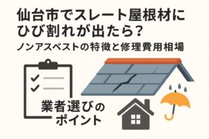 仙台市でスレート屋根材にひび割れが出た場合の注意点を解説する記事用アイキャッチ画像。ノンアスベストの特徴や修理費用の目安を案内。