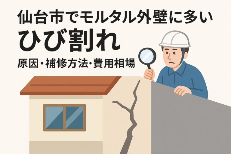 仙台市でモルタル外壁に多いひび割れの原因・補修方法・費用相場を解説する記事のアイキャッチ画像。住宅の外壁にクラックが入ったイラスト付き。