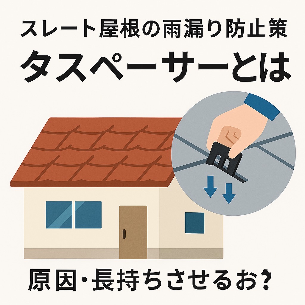 スレート屋根の雨漏り防止策を解説する記事のアイキャッチ画像。タスペーサーの役割や設置費用をテーマにしたイラスト。