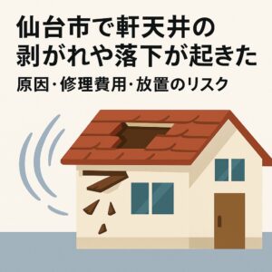 仙台市で軒天井の剥がれや落下が起きた場合の注意点と修理費用を解説する記事のアイキャッチ画像。住宅の軒天部分を点検しているイラストが描かれている。