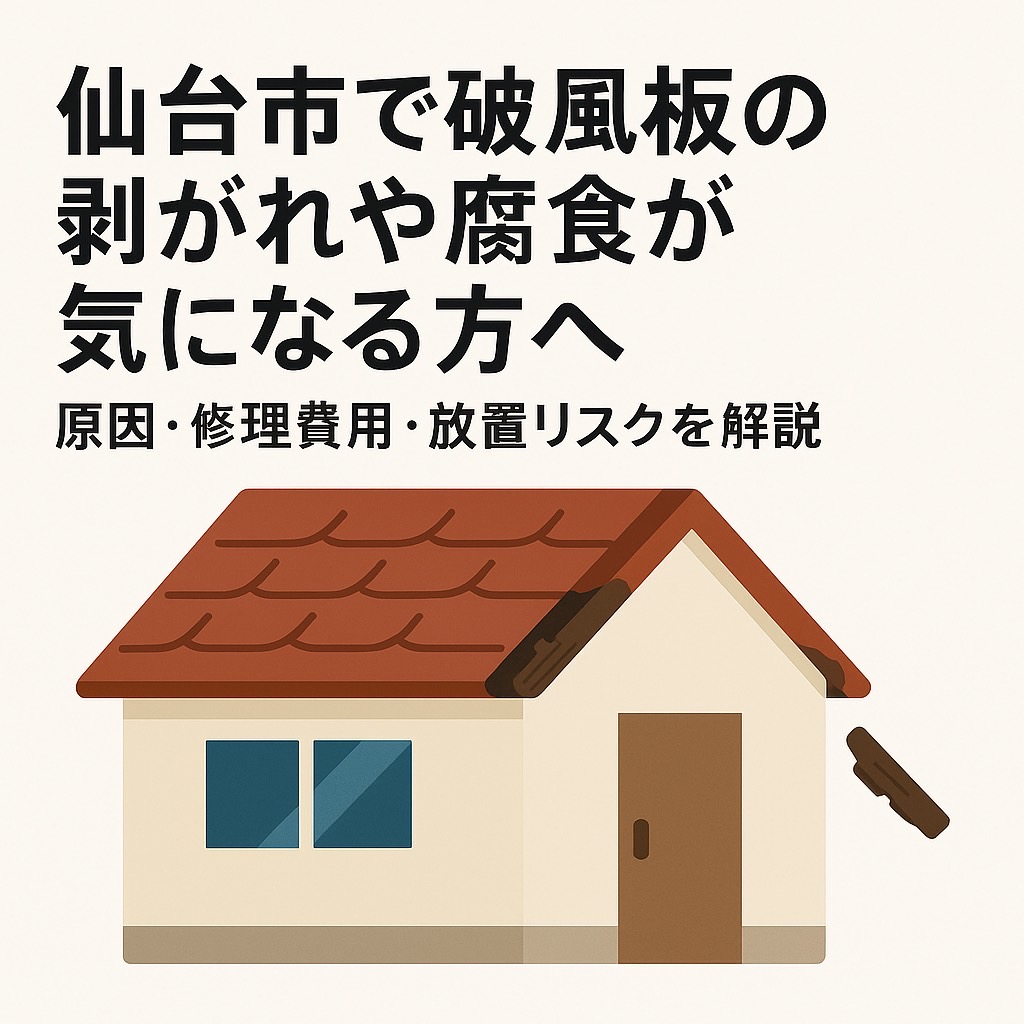 仙台市で破風板の剥がれや腐食が起きた場合の原因や修理費用、放置リスクを解説する記事のアイキャッチ画像。住宅の破風板を点検している作業員のイラスト。