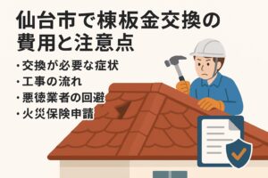 仙台市で棟板金交換の費用と注意点を解説する記事のアイキャッチ画像。屋根の棟板金と強風被害をイメージしたイラスト。