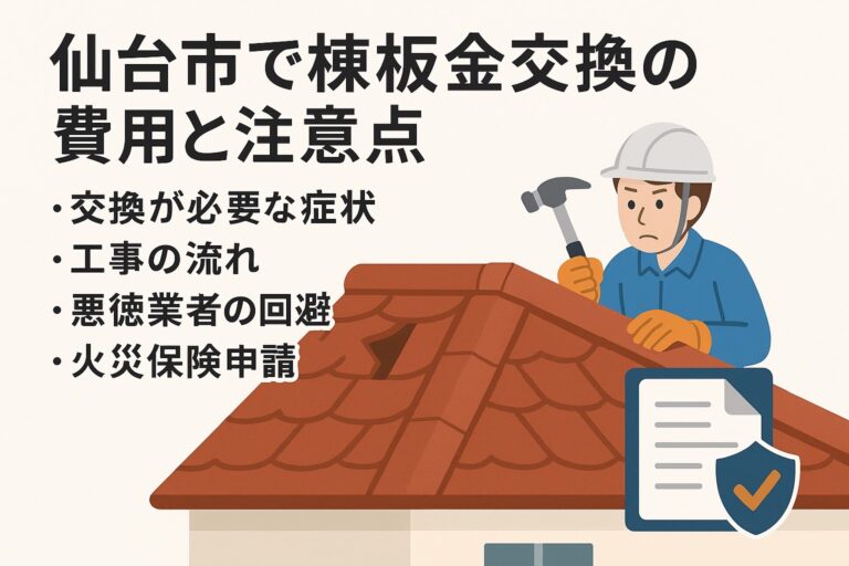 仙台市で棟板金交換の費用と注意点を解説する記事のアイキャッチ画像。屋根の棟板金と強風被害をイメージしたイラスト。