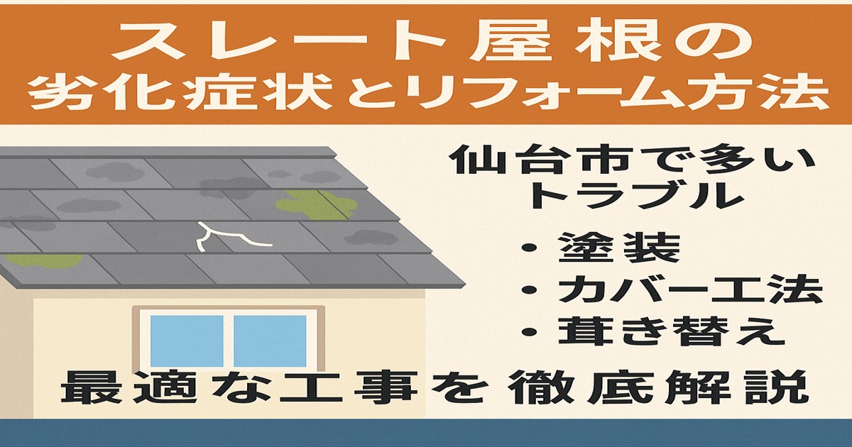 スレート屋根の劣化症状とリフォーム方法を解説する記事のアイキャッチ画像|仙台市のkntリフォーム
