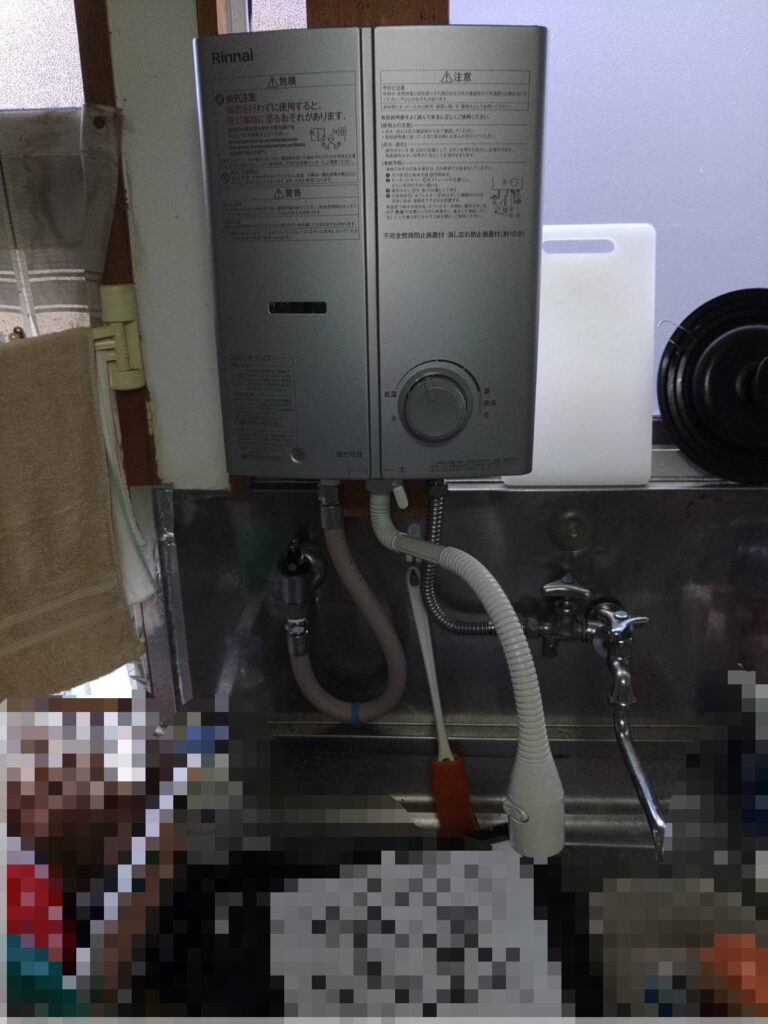 交換後のリンナイ RUS-V51YTB。炎が安定し吐水も良好(仙台市青葉区)