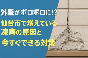 仙台市の住宅外壁が凍害でひび割れ・剥がれを起こしている様子と、水切り板金による対策イメージ