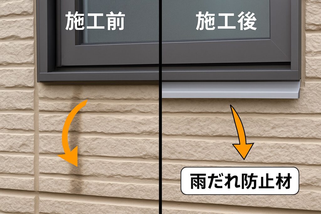 仙台市で外壁に取り付けられたツタワンデーの施工写真。雨水が外壁を伝って流れないようにするための部材で、凍害や汚れの防止に効果的。