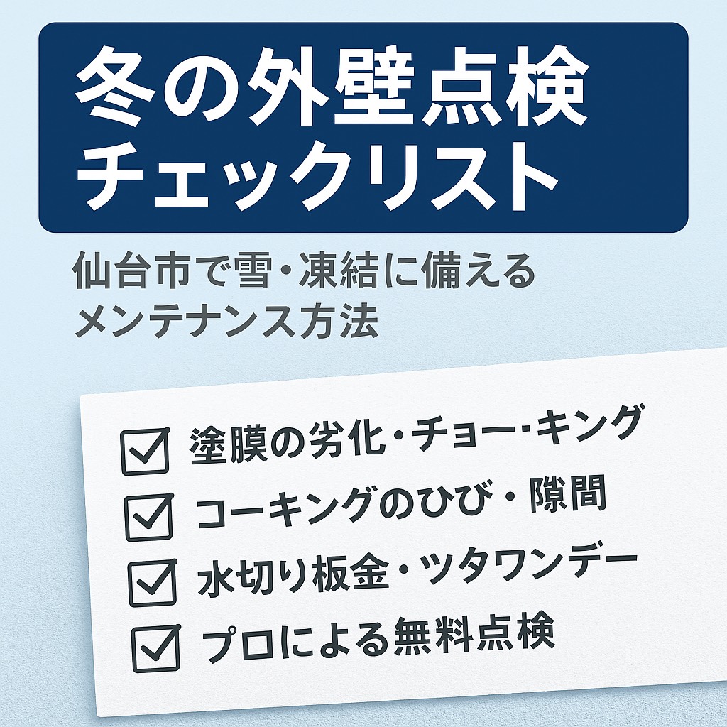 仙台市で冬の外壁点検を行う様子。雪や凍結による凍害・ひび割れ対策として水切り板金やツタワンデーを点検・設置するイメージ。