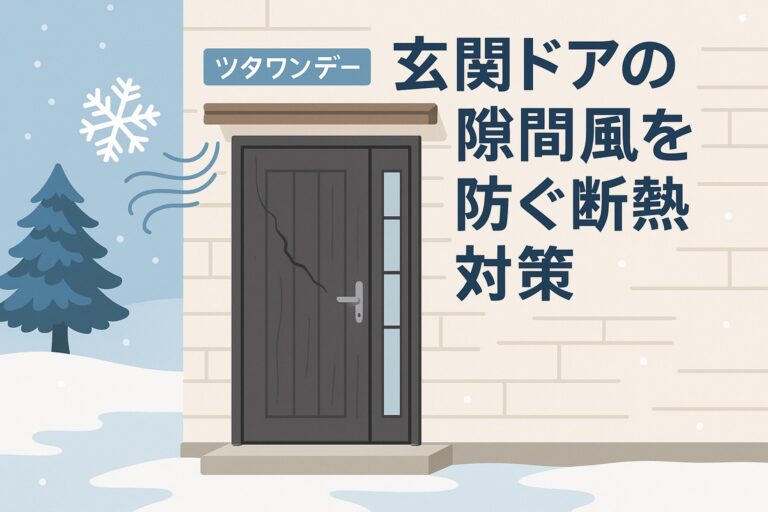 仙台市の住宅で玄関ドアから入る隙間風を断熱リフォームで防ぐ様子。雪が降る冬の住宅街を背景に、ビフォーアフターで暖かさを比較したイメージ。