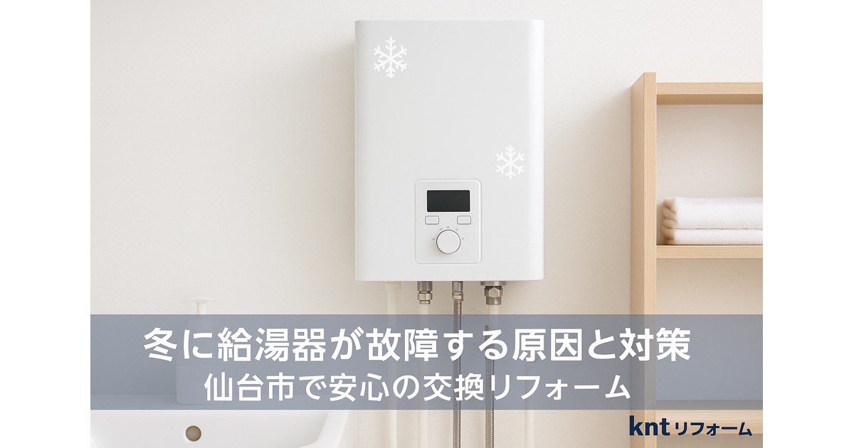 洗面所の白い壁に設置された新品の給湯器。清潔感のある室内で正常に稼働している様子を写したリフォーム後のイメージ。