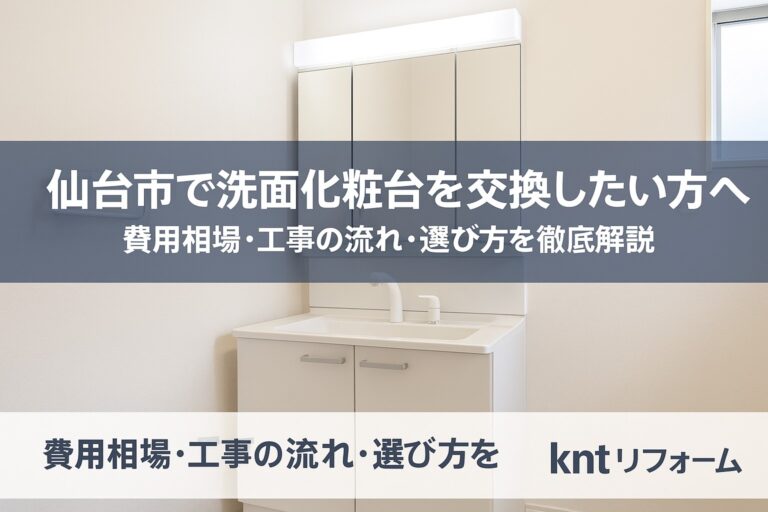 仙台市で洗面化粧台を交換した事例。白い三面鏡付き洗面化粧台が明るい洗面所に設置され、清潔感のある空間を演出している。
