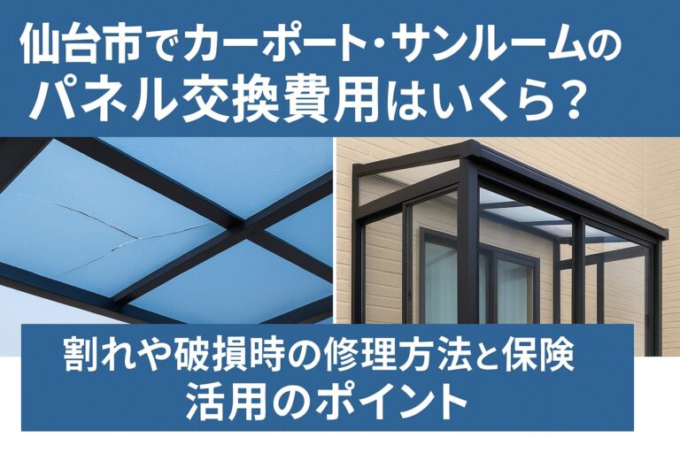 仙台市でカーポートやサンルームのパネル交換費用を解説する記事のアイキャッチ画像。透明なポリカーボネート屋根が輝く住宅外構の様子。