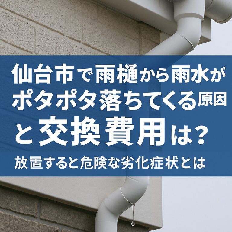 仙台市の住宅で雨樋から雨水がポタポタ落ちている様子をイメージしたアイキャッチ画像。雨の中で屋根の端から水滴が落ちる様子が描かれ、雨樋トラブルの原因を伝える。