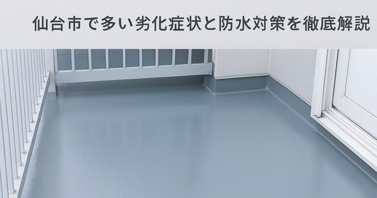 仙台市で発生したベランダの雨漏り事例。防水層のひび割れから雨水が侵入している様子を再現したアイキャッチ画像|kntリフォーム
