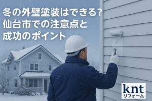 冬の仙台市で外壁塗装を行う住宅。雪が残る屋根の前で職人が作業する様子を写した写真。冬季でも外壁塗装が可能であることを伝えるイメージ（kntリフォーム）