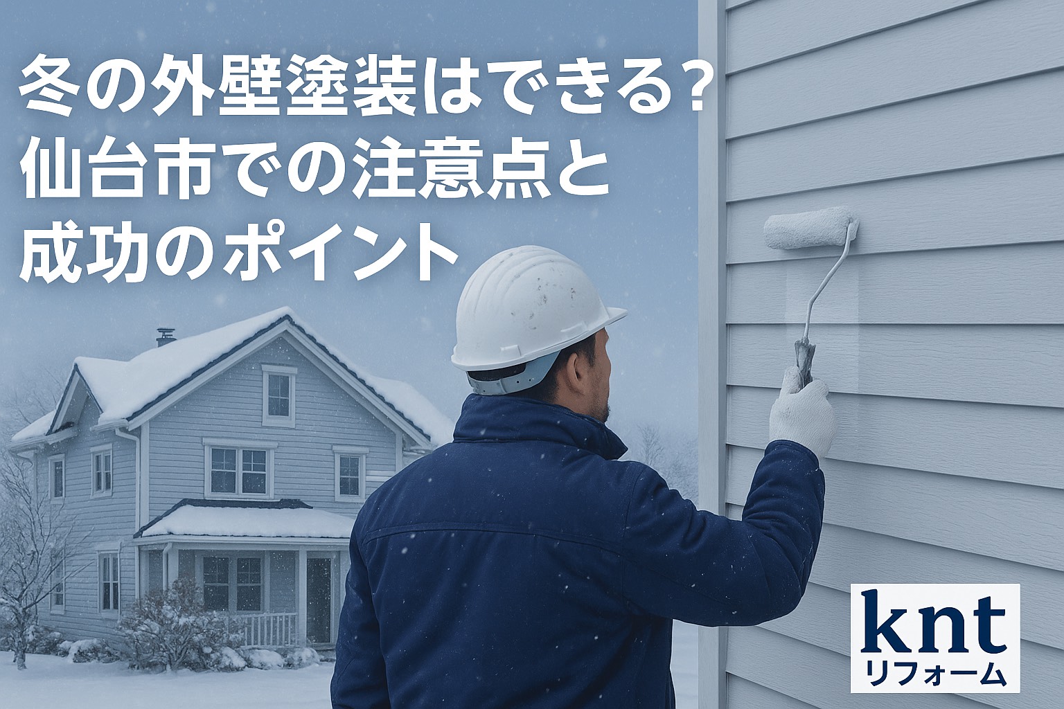 冬の仙台市で外壁塗装を行う住宅。雪が残る屋根の前で職人が作業する様子を写した写真。冬季でも外壁塗装が可能であることを伝えるイメージ（kntリフォーム）