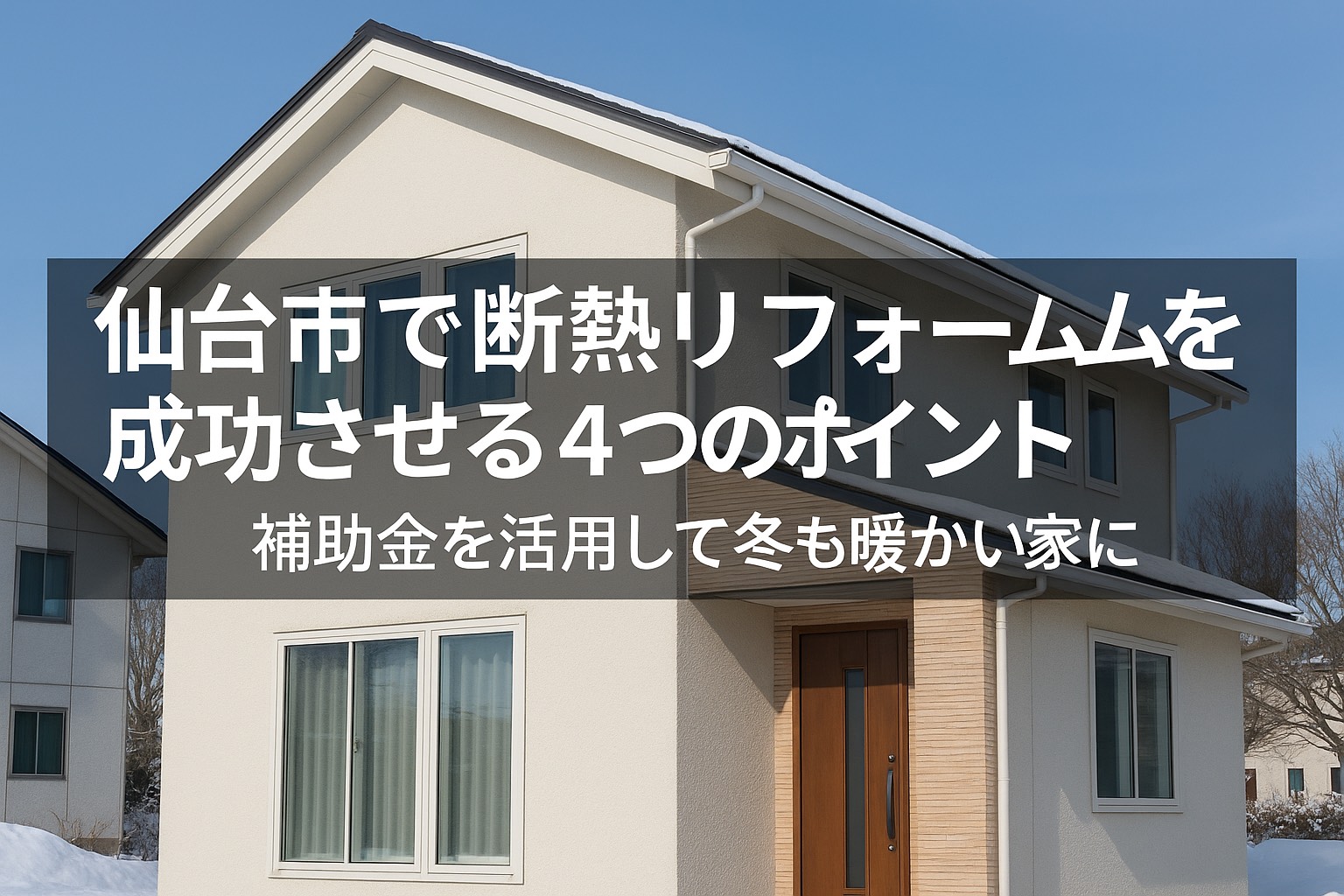 仙台市で断熱リフォームを行う住宅の外観イメージ。雪景色の中でも室内は暖かく、省エネと快適性を両立した住まいを表現したデザイン画像（kntリフォーム）