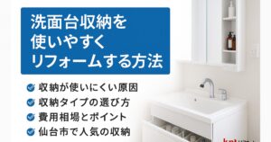 洗面台収納リフォームのイメージ。白を基調とした明るい洗面所で、引き出し収納と鏡裏収納が見える清潔感ある空間。仙台市で人気の収納改善リフォームを表現。