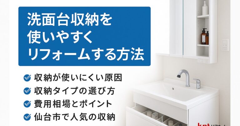洗面台収納リフォームのイメージ。白を基調とした明るい洗面所で、引き出し収納と鏡裏収納が見える清潔感ある空間。仙台市で人気の収納改善リフォームを表現。